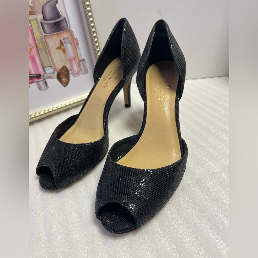 KATE SPADE Black Glitter High heel shoes Spike Heels Peep toe shoes sz 6.56 1/2